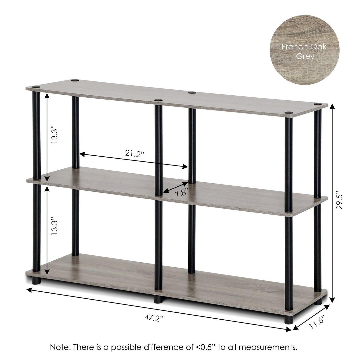 Furinno TURN-N-TUBE Storage Shelves, 3-Tier 47.4 Wide Book Shelf, Corner Shelf, Toolless Open