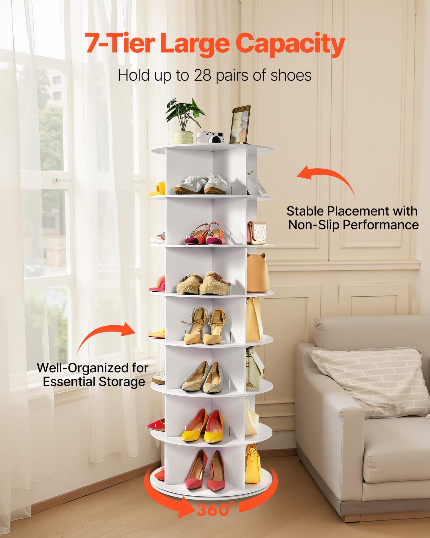 VEVOR 7 Tiers Rotating Shoe Rack Tower, 360° Spinning Shoe Rack, Revolving Storage Round Carousel