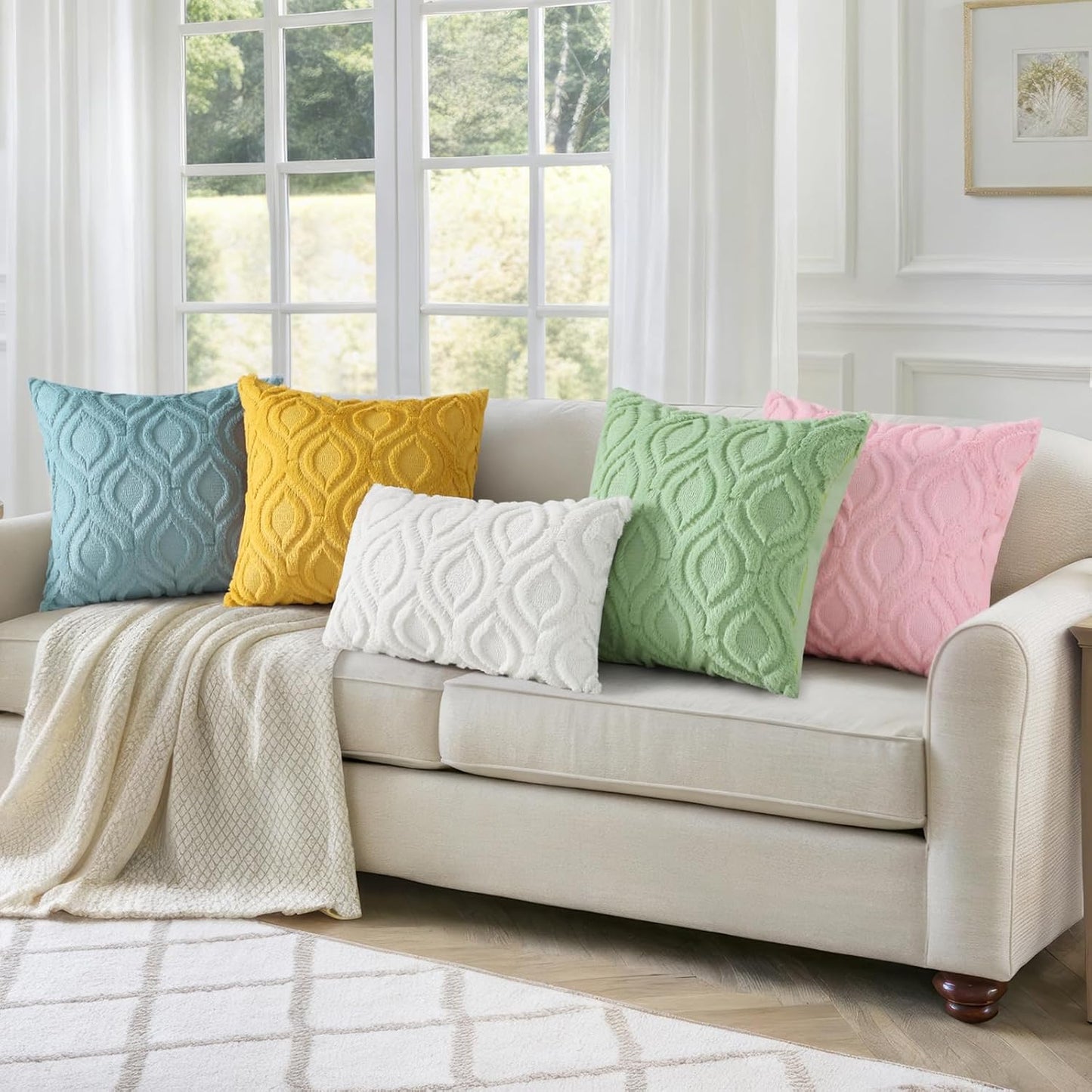 decorUhome Throw Pillow Covers 24x24 Inch Set of 2, Soft Plush Decorative Faux Fur Cream Beige Solid Couch Pillow Covers, Accent Farmhouse Neutral Square Euro Pillow Cases for Sofa Bed Living Room