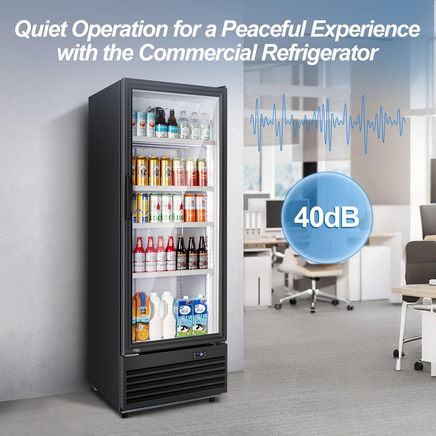 Tylza Commercial Refrigerator with Glass Door Display Beverage Fridge, 350L Upright Beverage Cooler Merchandiser with Rebound Door, Fast Cooling, Low Noise, Black