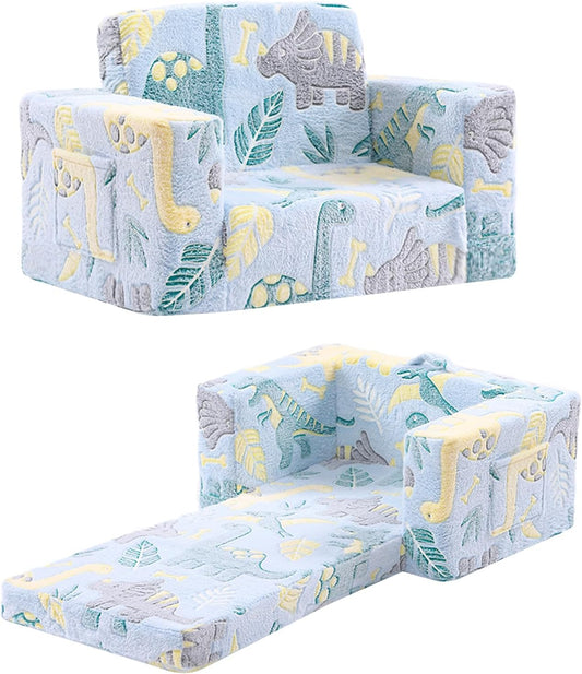 Toddler Chair Kids Couch, 2-in-1 Toddler Soft Sherpa Couch Fold Out Armchair Glow in The Dark with