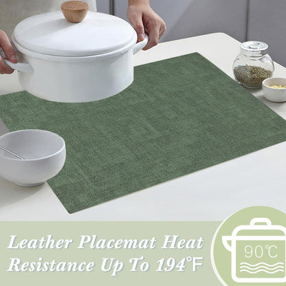 SUEH DESIGN Leather Placemats Set of 6 Reversible Table Mats Heat Resistant Waterproof No-Slip Place Mats for Dining Table Kitchen Parties, Dark Green and Beige