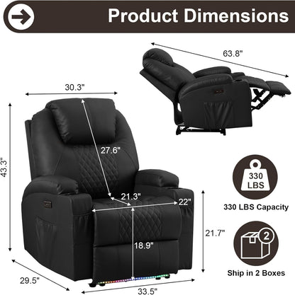 AHMED Power Recliner Chair with Vibration Massage & Heat for Adults, Faux Leather Home Theater Seating with Cup Holders/LED Lights/USB Ports/Side Pockets for Living Room, Black