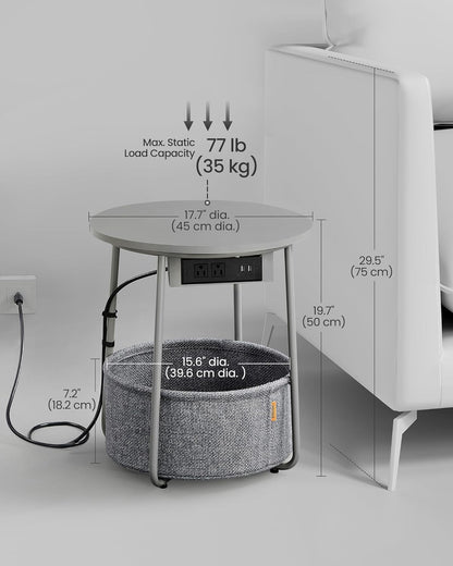VASAGLE Side Table with Charging Station, Round End Table with Fabric Basket, Nightstand with Power Outlets, USB Ports, for Living Room, Bedroom, Modern, Dove Gray and Slate Gray ULET228G01