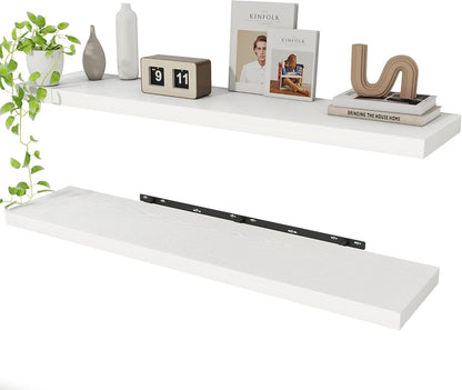 White Floating Shelves Wall Shelf 48 Inch, 8 Inch Deep Floating Shelf for Wall, Farmhouse Black Wood Shelves Invisible Bracket for Living Room, Bedroom, Kitchen, 48 x 9.3 x 1.4 Inch, Set of 2