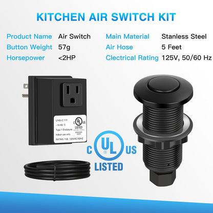 Garbage Disposal Air Switch Kit, UL Certified Professional Garbage Disposal Switch Button Power Module, Sink Top Waste Disposer On/Off Switch