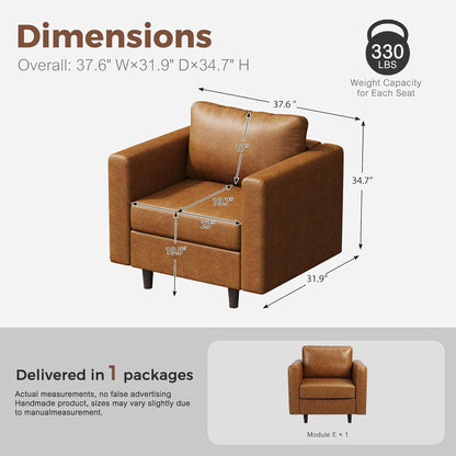 Faux Leather Single Sofa, Modern Accent Chair Brown with Storage Deep Seat Large Reading Armchair for Living Room Bedroom Office