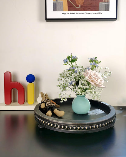 12 Inches Rustic Wooden Decorative Tray, Small Round Beaded Wood Tray for Kitchen Dinning Table Centerpiece Decor Entryway Living Room Home Decor, Black