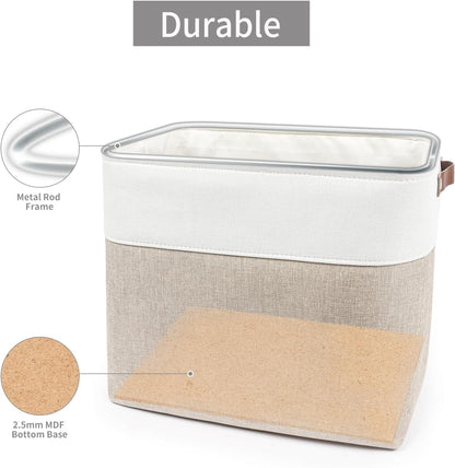Large Fabric Storage Baskets | 50L Storage Bins, Decorative Linen Closet Baskets with Handles for Organizing, Shelf, Toys, Clothes, Home, Office, Nursery, 17x12x15Inches (Beige&White)