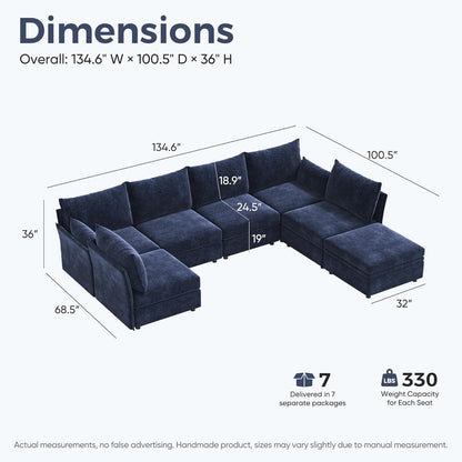 134.6" Oversized Modular Sectional Sofa, Large 7 Seater U Shaped Couch with Storage Ottoman with Reversible Chaise Deep Seat for Living Room, Apartment - Chenille Blue