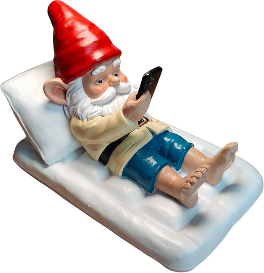 Relaxing Pool Gnome with Smartphone - 5.6" Heavy Resin Garden Statue - Weather-Resistant Funny Lawn