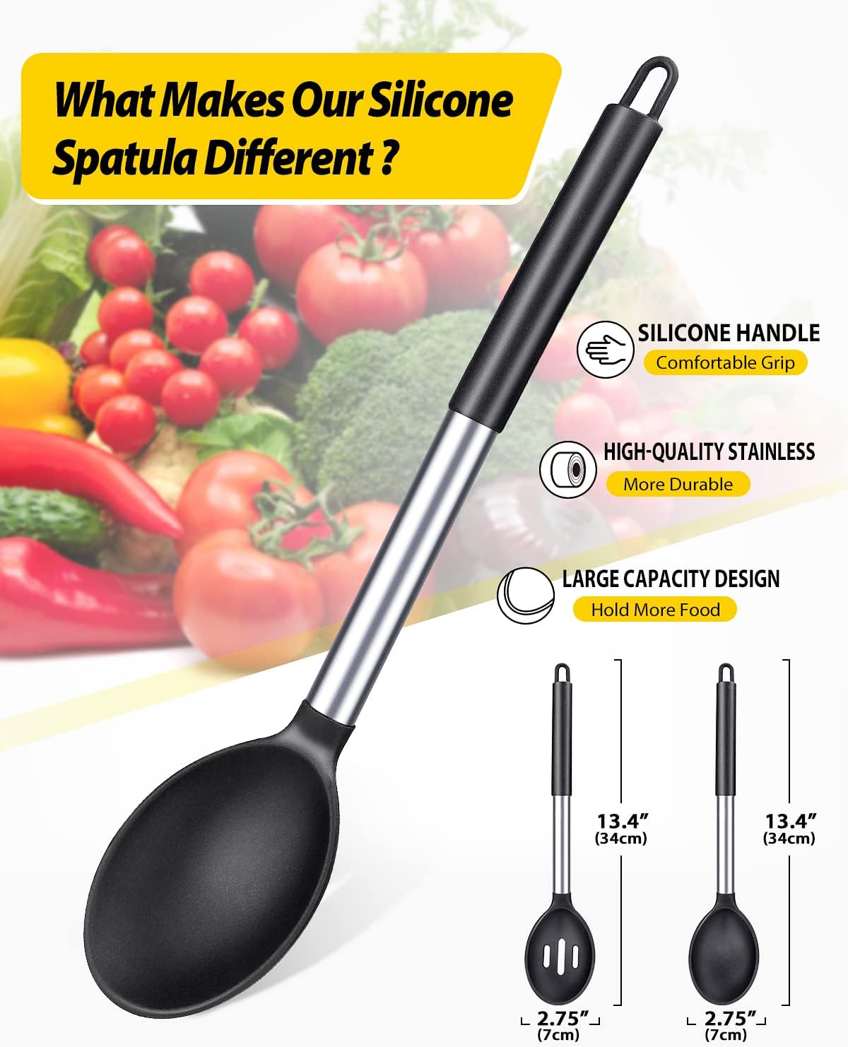Pack of 2 Large Silicone Cooking Spoons,Non Stick Solid Basting Spoon,Heat-Resistant Kitchen Utensils for Mixing,Serving,Draining,Stirring (BLACK)