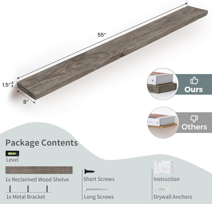 Solid Wood Floating Shelves, 8" Deep Rustic Reclaimed Barnwood Wall Hanging Floating Shelf with Invisible Heavy-Duty Metal Bracket | Wall Mounted | Farmhouse Style | 55 inches,1PC,Grey