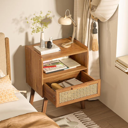 Lerliuo Rattan Nightstands Set of 2, Side Table with Drawer, Cane Accent Bedside End Table with Solid Wood Legs, Mid Century Modern Night Stand for Bedroom, Dorm and Small Spaces (Tea Brown)