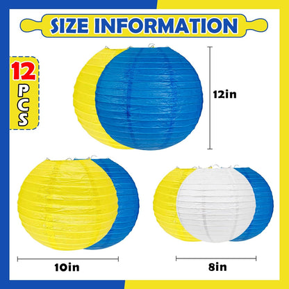 12Pcs Blue and Yellow Party Decorations Hanging Round Paper Lanterns Assorted Sizes (8" 10" 12") for Graduation Birthday Wedding Dinner Party Baby Shower BBQ Decor (Blue Yellow White)