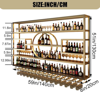 55.1in Wall Mounted Wine Rack, Modern Metal Wine Bottle and Glass Holder, Iron Display Stand Decorative Wine Rack, for Bar Living Room Dining Room Background (Gold, 55.1 * 8 * 51INCHES)
