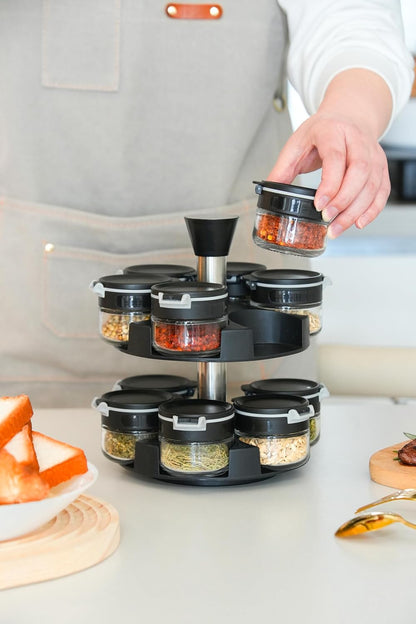 360 rotating 2 tier 12 jars spice rack (12 spice jars) Revolving Seasoning Organizer. Spinning Spice Rack for Counter top and Cabinet