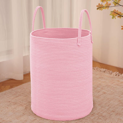 Large Woven Laundry Basket Hamper,100L Cotton Rope Storage Bin for Blankets,Toys and Clothes,Decorative Tall Nursery Hamper for Living Room,Baby Nursery,Bathroom and Bedroom,Pink