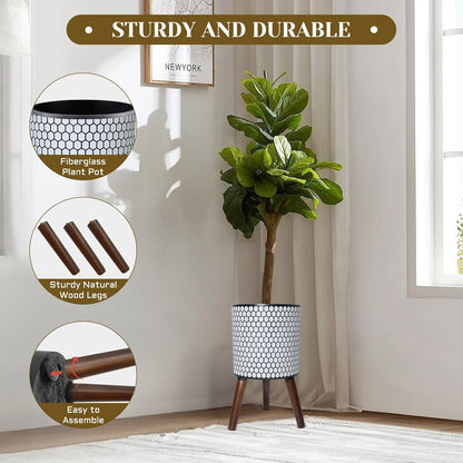 Flower Pot with Legs Tall Flower Pot with Drainage Holes for Indoor and Outdoor Decorative Planting (White Black Honeycomb, 10 Inches)