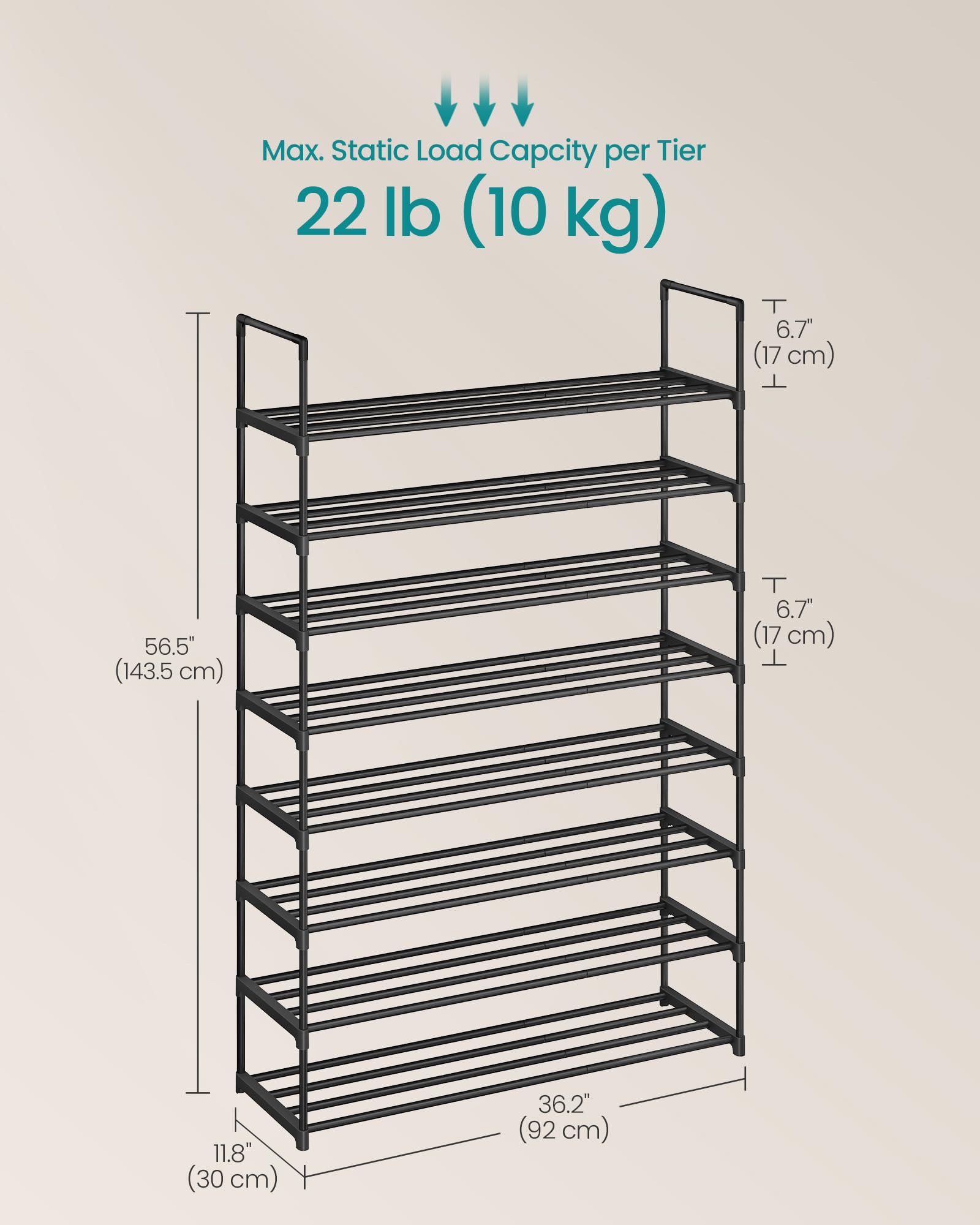 SONGMICS Shoe Rack, 8-Tier Shoe Organizer, Metal Storage Shelf, Upright or Upside Down, for 32-40