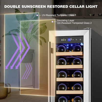 Tylza 12" Wine Cooler Refrigerator 18 Bottle Capacity, Compact Freezerless, Temperature Stability, Low Noise, Double-Layer Tempered Glass Door
