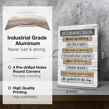 Heuhuww Retirement Gifts,Vintage Retirement Rules Metal Sign for Party Home Room Decorations Retiree Gift Ideas 12"x8"(H21)