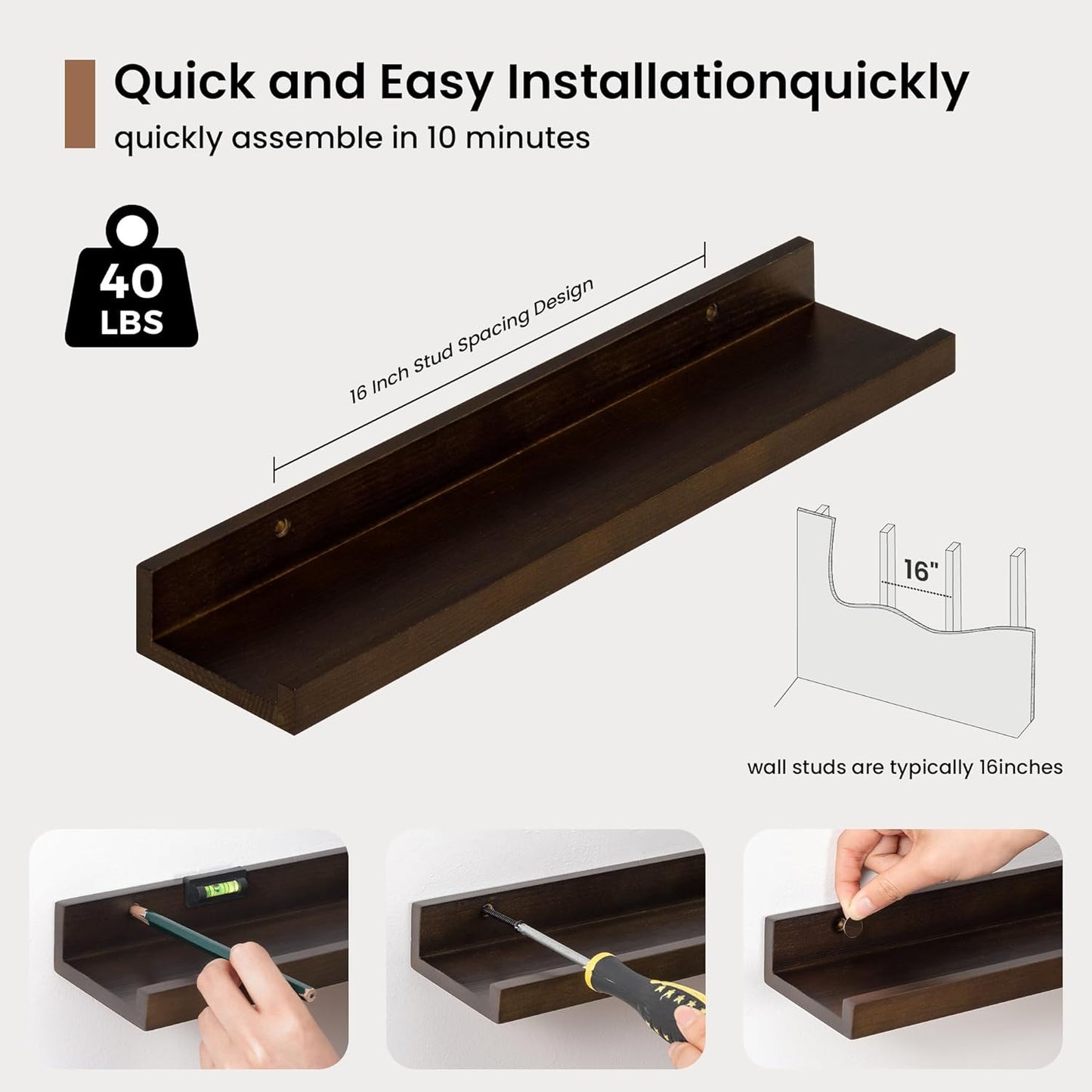 Picture Ledge Shelf, Solid Pine Wood Floating Shelves Set of 4, 16 Inches Nursery Book Shelves for Toys Storage, Kids Bookshelf Wall Mounted for Living Room Decor Photo Frames, Walnut