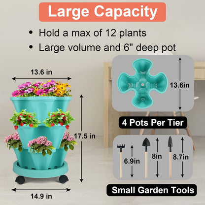 DUNCHATY Stackable Planter, Vertical Garden Planter with Wheels and Tools, Self Watering Strawberry Planter Indoor/Outdoor 3 Tier Herb Planter Pots for Growing Vegetables and Succulents, Teal