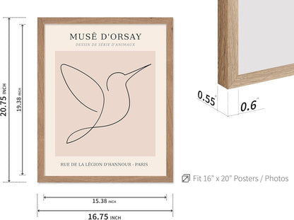 Poster Master Vintage Poster - Retro One Line Hummingbird Drawing Print - Bird Line Art - Minimal Gift for Him, Her, Animal Lover - Abstract Decor for Home, Office, 16x20 Beige Framed