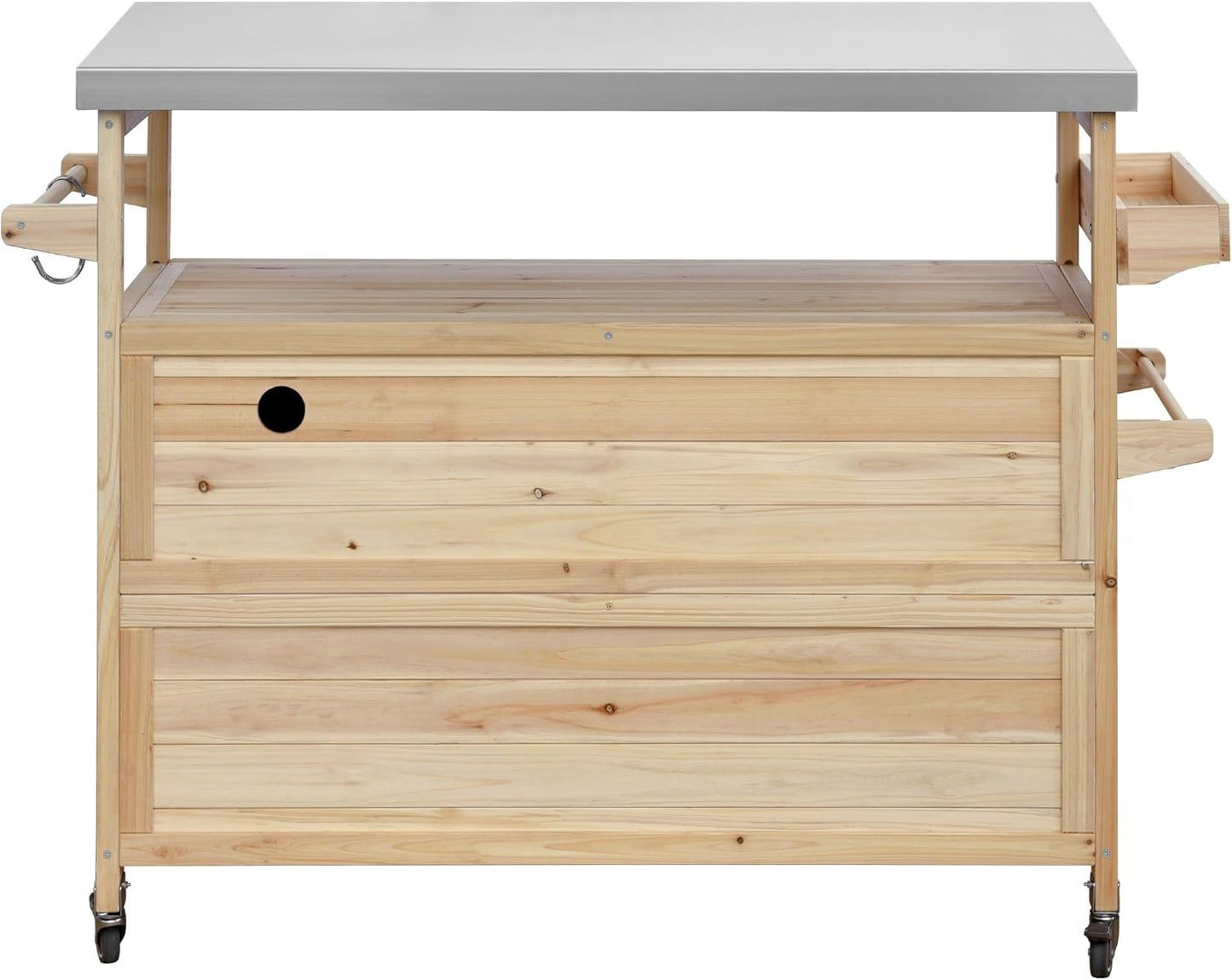 Outdoor Grill Table with Stainless Steel Top, Farmhouse Solid Wood Kitchen Island Cart with Internal Storage Rack, Outdoor Bar Cart with Storage Cabinet, Spice & Towel Rack, Natural