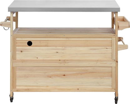 Outdoor Grill Table with Stainless Steel Top, Farmhouse Solid Wood Kitchen Island Cart with Internal Storage Rack, Outdoor Bar Cart with Storage Cabinet, Spice & Towel Rack, Natural