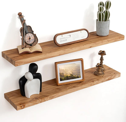 Floating Shelves for Wall Decor, 8" Deep Rustic Solid Elm Wood Floating Shelves Wall Mounted, Wall Shelves with Invisible Bracket for Living Room Bathroom Bedroom Kitchen, 36 Inch Set of 2, Natural