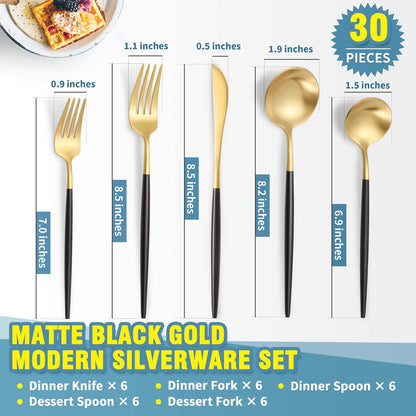 Matte Black Gold Silverware Set for 6,Modern Stainless Steel Brushed Cutlery Set,30-Pieces Heavy Duty Flatware Set,Knives Spoons and Forks Set Utensils Set, Satin Finish, Dishwasher Safe
