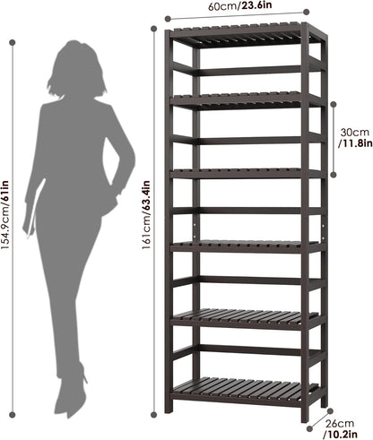 FOTOSOK 6-Tier Bamboo Shelf Set of 2, Bamboo Bookcase with Adjustable Shelves, Free Standing Storage Shelf Unit and Plant Flower Stand, Tall Large Bookshelf for Kitchen, Bathroom, Home Office, Vintage