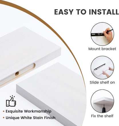 Fun Memories 48 Inch Floating Shelves for Wall, Deep Rustic Solid Pine Wood Shelf - Farmhouse Wall Mounted Display Shelf with Heavy-Duty Metal Bracket, 48" W x 8" D, Set of 1, White