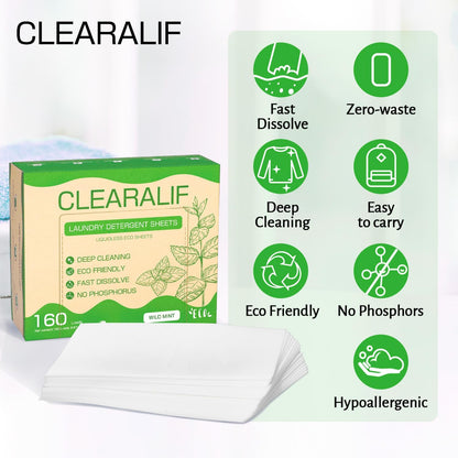 Laundry Detergent Sheets Up to 160 Loads, Wild Mint - Great For Travel,Apartments, Dorms,CLEARALIF Laundry Detergent Strips Eco Friendly & Hypoallergenic - 80 Sheets