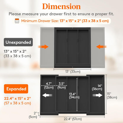Lifewit Utensil Organizer for Kitchen Drawer, Expandable Cooking Utensil Tray, Bamboo Cutlery Silverware Flatware Holder, Adjustable Spatula Tools and Gadgets Storage Divider, Large, Black