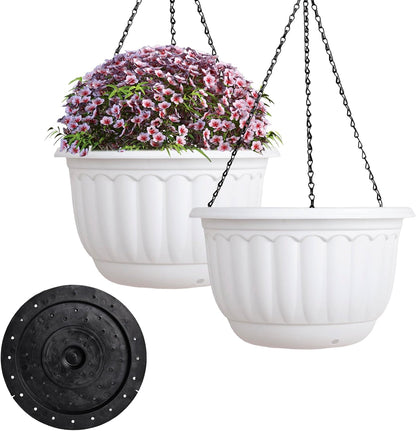 YIKUSH Planters for Outdoor Plants 2 Pack White Plant Pots with Drainage Hole and Absorbing Tray Hanging Planters for Indoor Plants (12 inch, 3 Hooks)