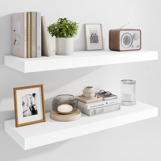 Marsmiles 30" Floating Shelves for Wall, Wooden Shelves with Invisible Brackets Set of 2, Rustic Farmhouse Wall Mounted Shelf for Kitchen Bathroom Living Room Study, White