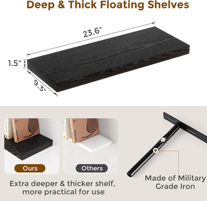 24 Inch Floating Shelves, Rustic 24 x 9 Black Floating Shelf for Wall, Black Bathroom Shelf Set of 2, Farmhouse Wood Wall Shelves for Bedroom, Kitchen, 9 Inch Deep Shelves for Home Storage