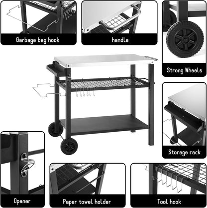 Grill Cart Table with Three Shelf, Movable Outdoor Dining Cart Pizza Oven Stand with Three Hooks, Kitchen Cart Island Multifunction Food Prep Table (Sliver)