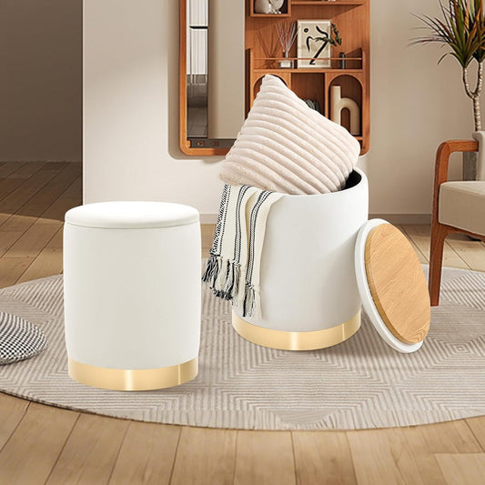 Round Ottoman with Storage Set of 2, Upholstered Velvet Storage Ottomans, Vanity Stool, Multifunctional Ottomans, Coffee Table Foot Rest Ottoman for Living Room Bedroom, White