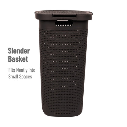 Mind Reader Slim Laundry Hamper with Lid, 60L Tall Clothes Basket, Narrow Tapered Design for