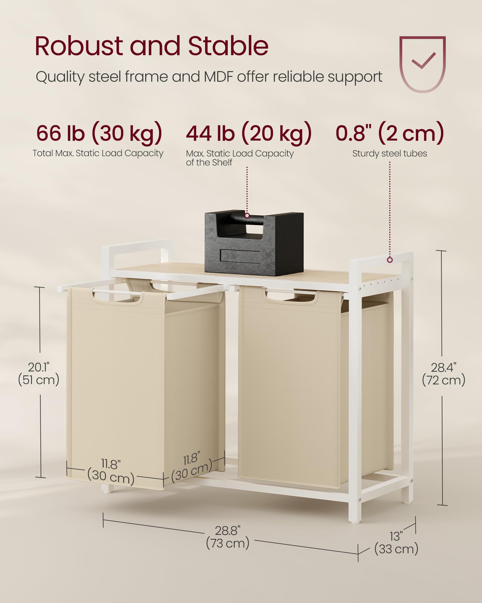 VASAGLE Laundry Hamper, Laundry Basket Sorter with 2 Pull-Out and Removable Bags, Shelf, Metal