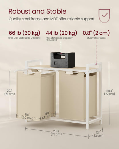 VASAGLE Laundry Hamper, Laundry Basket Sorter with 2 Pull-Out and Removable Bags, Shelf, Metal