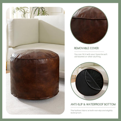 HIGOGOGO Round Stuffed Pouf Ottoman, Pu Leather Poufs with Foam Chunk Filling, Furry and Fluffy Pouf Foot Stool Storage Ottoman, 20 X 15 Floor Poufs Foot Rest for Living Room,Dark Brown
