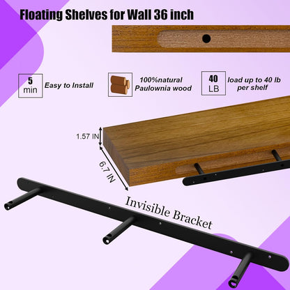 IAE Walnut Floating Wall Shelves 36 inch, Bathroom Shelves Wall Mounted,Invisible Shelves Floating Kitchen Shelves,Wooden Wall Shelves with Brackets for Living Room Wall Mounted,Easy Install,Set of 2
