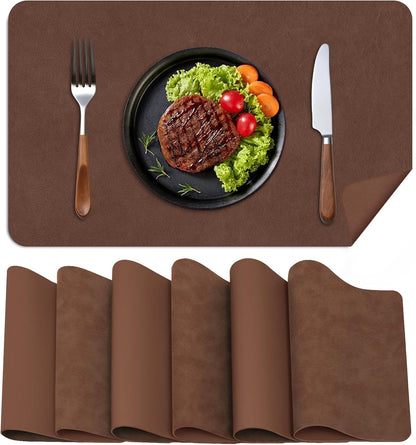 BLESWIN Faux Leather Placemats, Set of 6, 12×17 Inch -Double Side Texture Color Table Mats, Heat-Resistant, Waterproof and Oil-Resistant, Suitable for Dining Room, Kitchen, Party, Outdoor - Brown