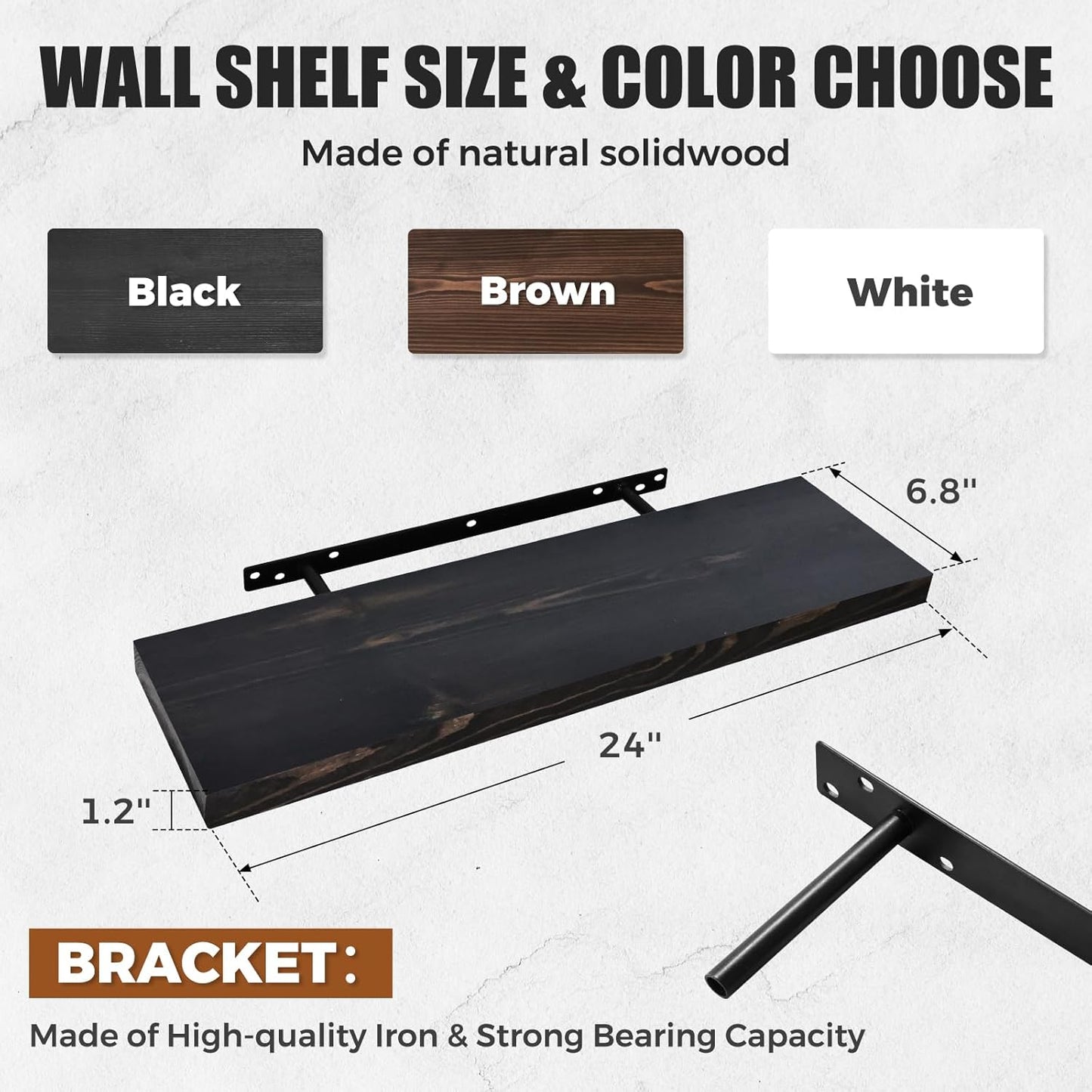 24"x6.8"x1.2" Solid Wood Floating Shelves 2-Pack - Rustic Black Finish with Hidden Brackets, Perfect for Storage and Décor in Living Room, Kitchen, Bedroom