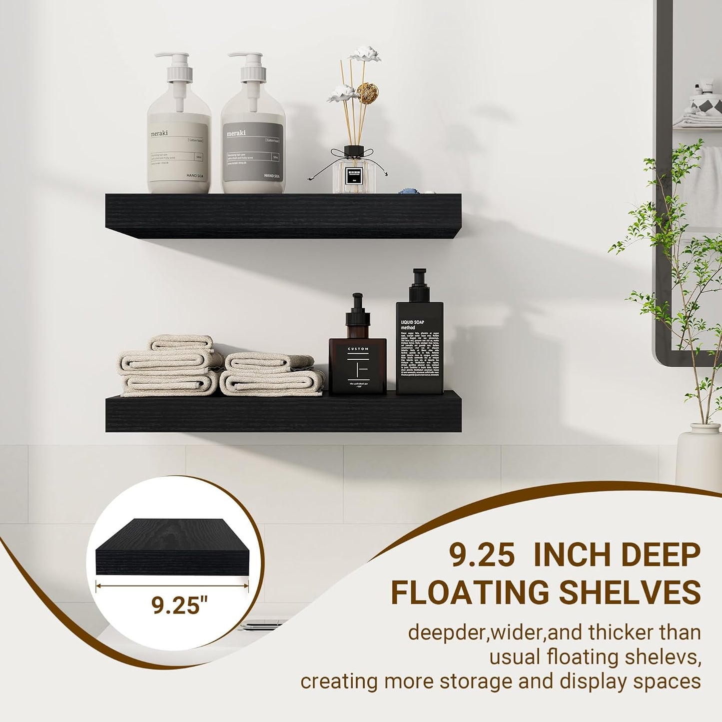 16 Inch Floating Shelves, 16"x9.25"x1.5" Inch Deep Floating Shelves for Wall, Wooden Shelves for Bathroom, Bedroom, Living Room, Black